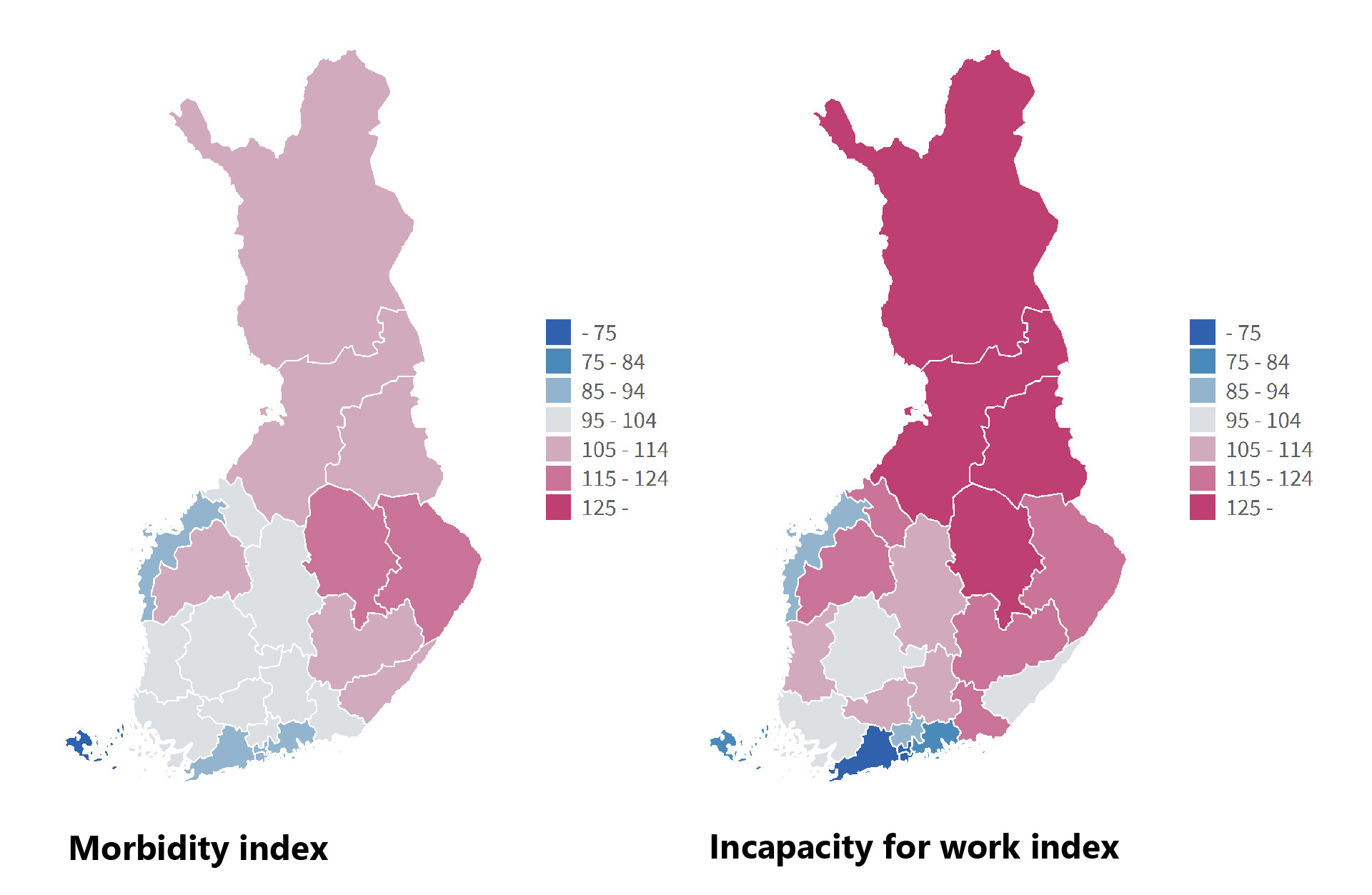 Differences between wellbeing services counties in morbidity and disability 2019–2021, age-adjusted indices.